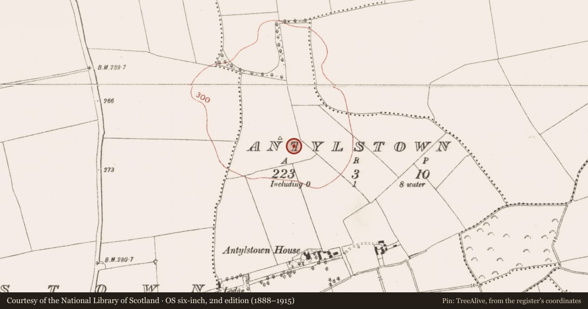 Ordnance Survey six-inch map, 2nd edition (1888–1915) covering the location of Ring-ditch, Antylstown, County Meath, with a pin at the register's coordinates