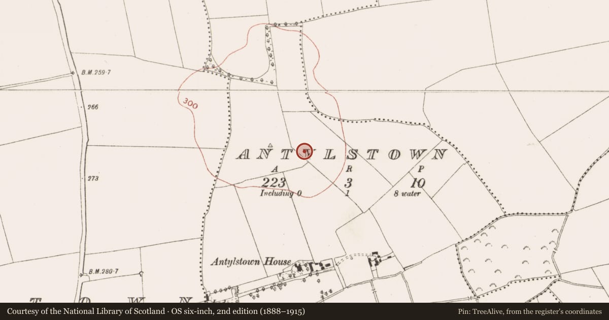Ordnance Survey six-inch map, 2nd edition (1888–1915) covering the location of Enclosure, Antylstown, County Meath, with a pin at the register's coordinates