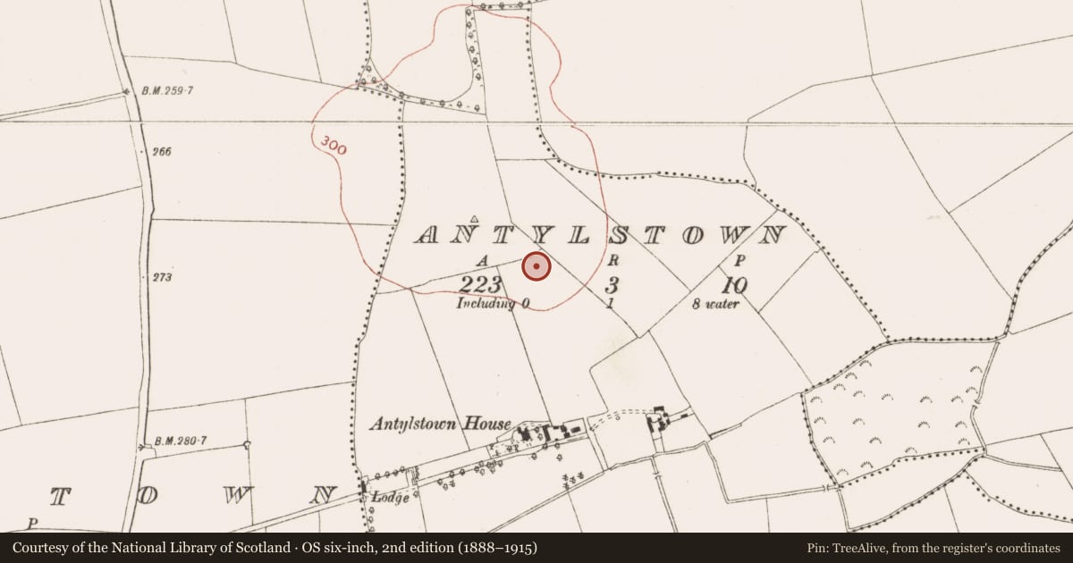 Ordnance Survey six-inch map, 2nd edition (1888–1915) covering the location of Ring-ditch, Antylstown, County Meath, with a pin at the register's coordinates