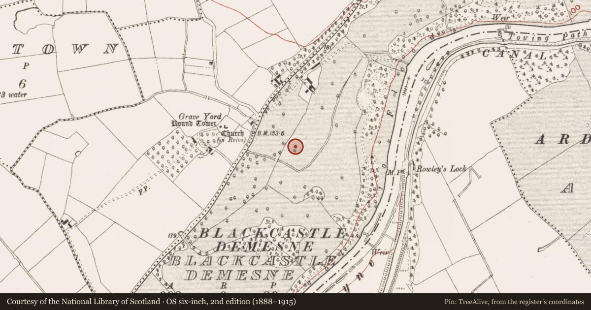 Ordnance Survey six-inch map, 2nd edition (1888–1915) covering the location of Enclosure, Blackcastle Demesne, County Meath, with a pin at the register's coordinates
