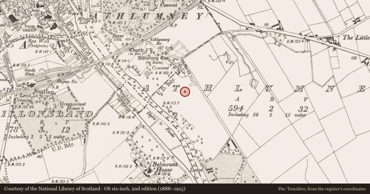 Ordnance Survey six-inch map, 2nd edition (1888–1915) covering the location of Enclosure, Athlumney, County Meath, with a pin at the register's coordinates