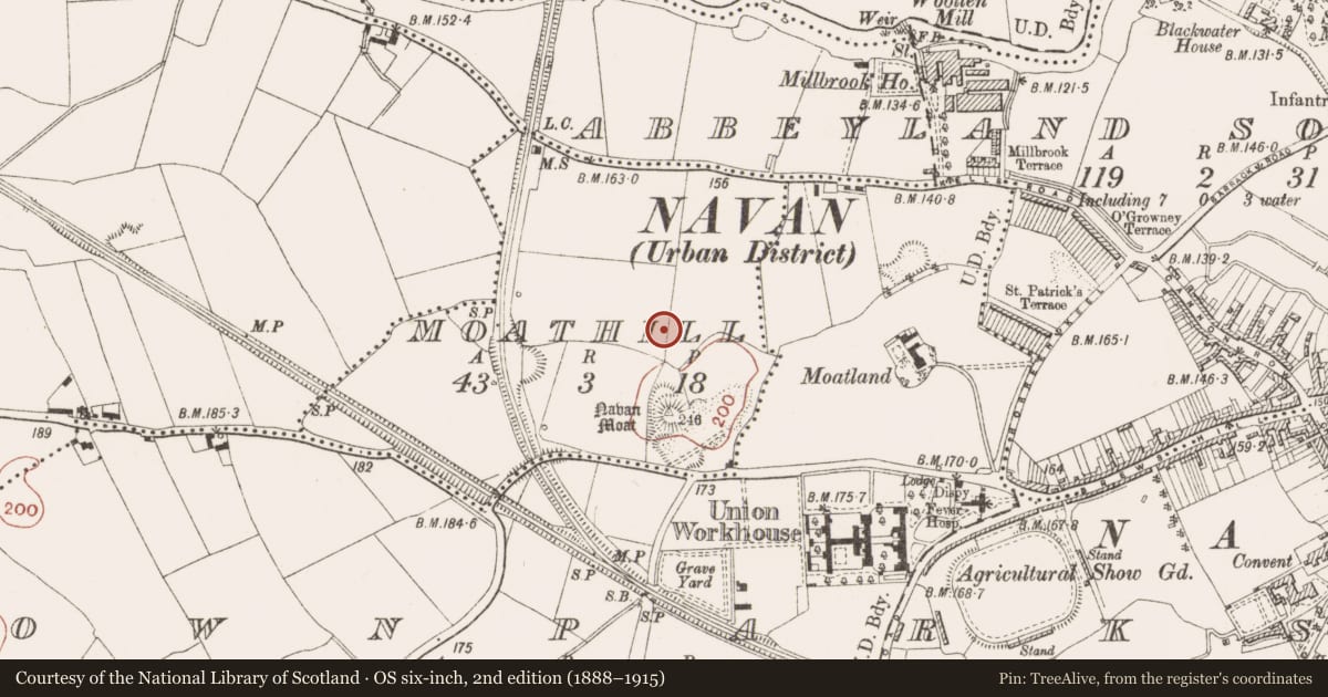 Ordnance Survey six-inch map, 2nd edition (1888–1915) covering the location of Structure, Moathill, County Meath, with a pin at the register's coordinates