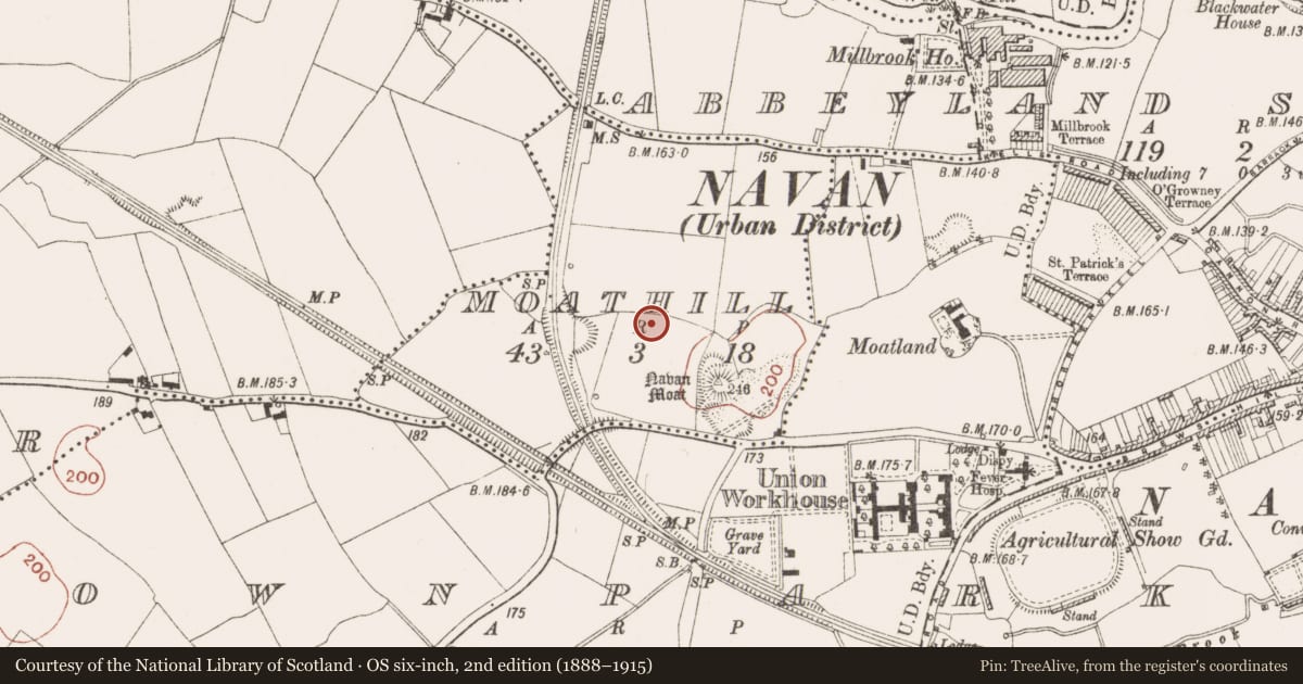 Ordnance Survey six-inch map, 2nd edition (1888–1915) covering the location of Ring-ditch, Moathill, County Meath, with a pin at the register's coordinates