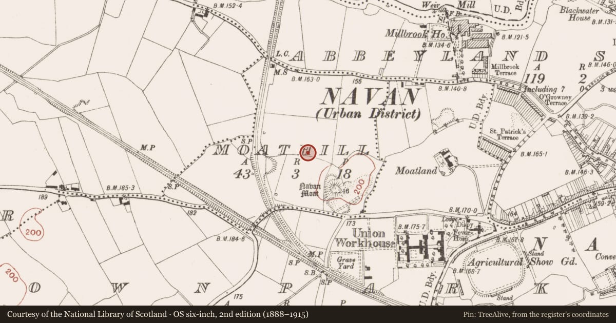 Ordnance Survey six-inch map, 2nd edition (1888–1915) covering the location of Enclosure, Moathill, County Meath, with a pin at the register's coordinates