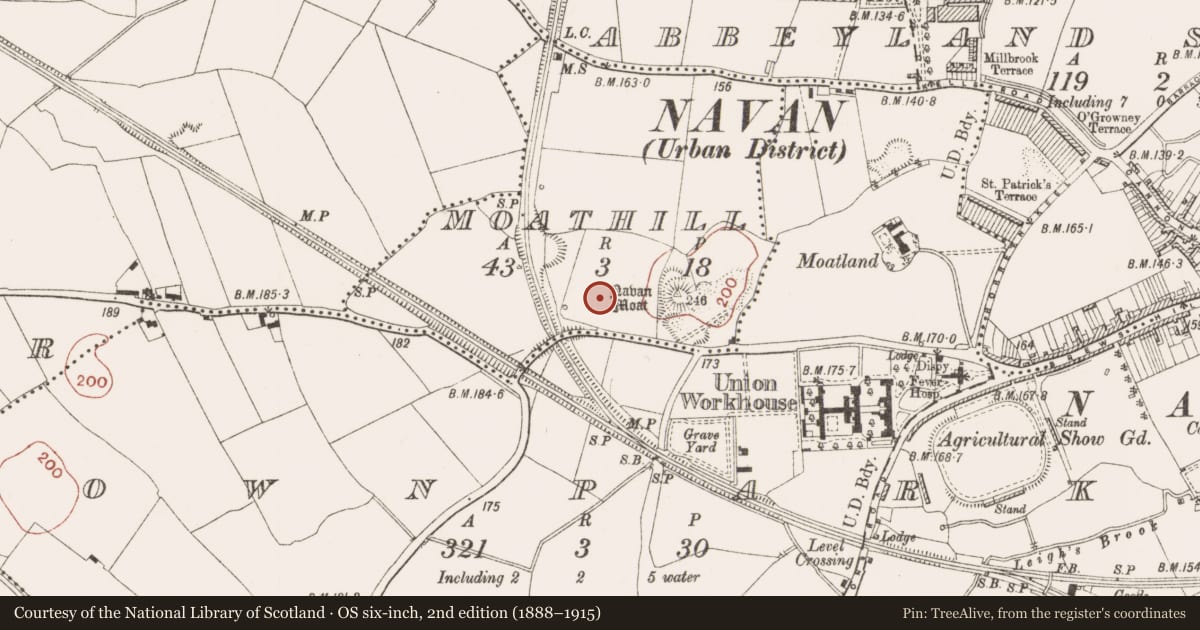 Ordnance Survey six-inch map, 2nd edition (1888–1915) covering the location of Enclosure, Moathill, County Meath, with a pin at the register's coordinates
