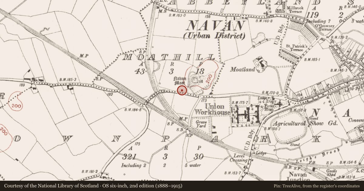 Ordnance Survey six-inch map, 2nd edition (1888–1915) covering the location of Ring-ditch, Moathill, County Meath, with a pin at the register's coordinates