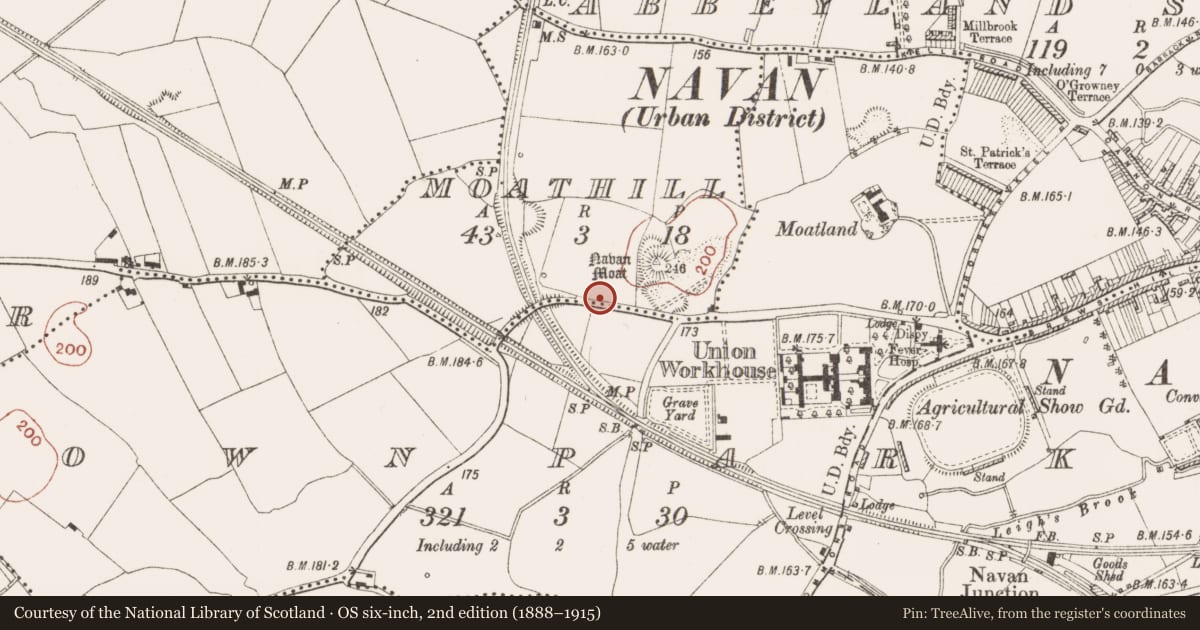 Ordnance Survey six-inch map, 2nd edition (1888–1915) covering the location of Kiln - corn-drying, Moathill, County Meath, with a pin at the register's coordinates