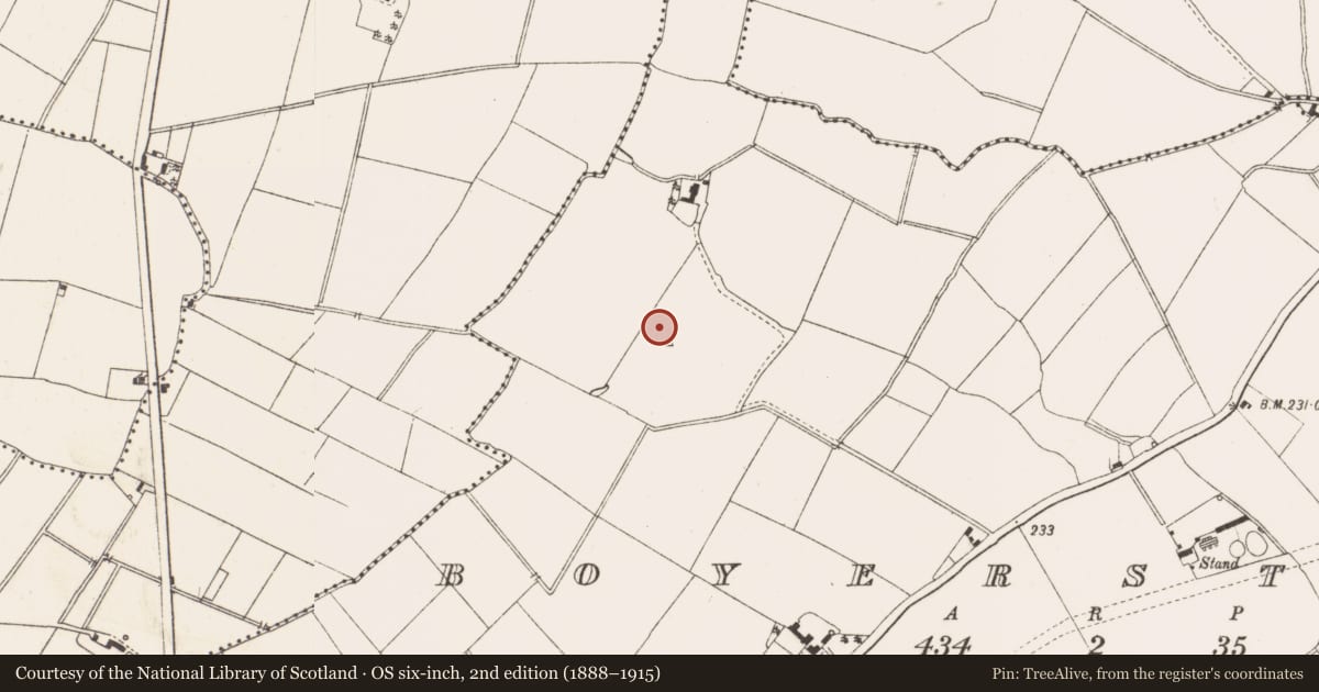 Ordnance Survey six-inch map, 2nd edition (1888–1915) covering the location of Field system, Boyerstown, County Meath, with a pin at the register's coordinates