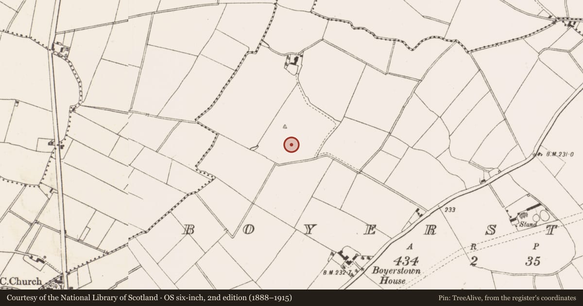 Ordnance Survey six-inch map, 2nd edition (1888–1915) covering the location of Enclosure, Boyerstown, County Meath, with a pin at the register's coordinates