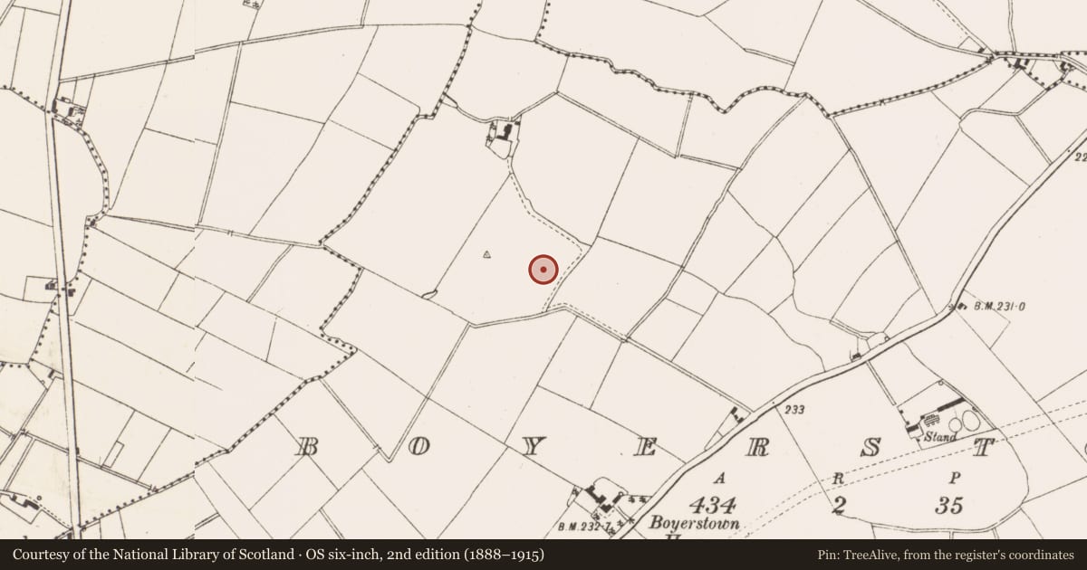 Ordnance Survey six-inch map, 2nd edition (1888–1915) covering the location of Enclosure, Boyerstown, County Meath, with a pin at the register's coordinates