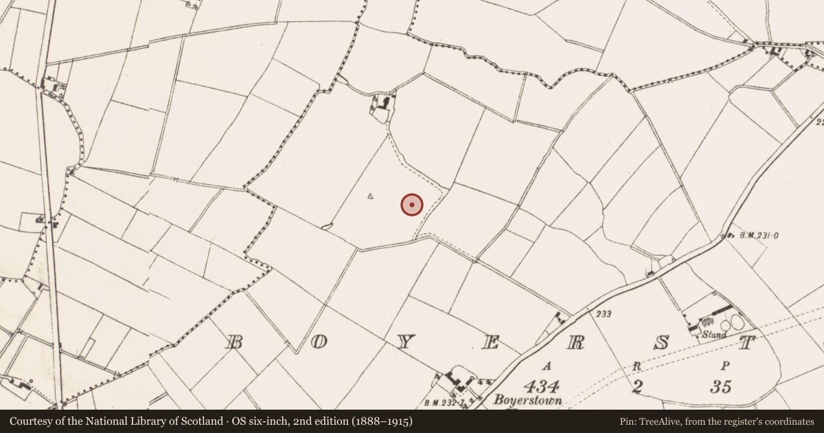 Ordnance Survey six-inch map, 2nd edition (1888–1915) covering the location of Hut site, Boyerstown, County Meath, with a pin at the register's coordinates