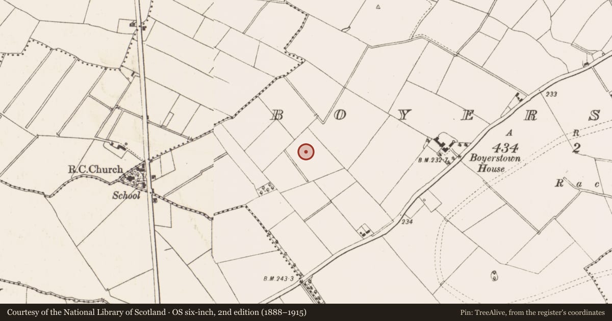 Ordnance Survey six-inch map, 2nd edition (1888–1915) covering the location of Burnt mound, Boyerstown, County Meath, with a pin at the register's coordinates