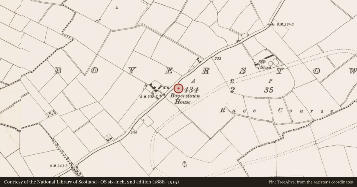Ordnance Survey six-inch map, 2nd edition (1888–1915) covering the location of Field system, Boyerstown, County Meath, with a pin at the register's coordinates