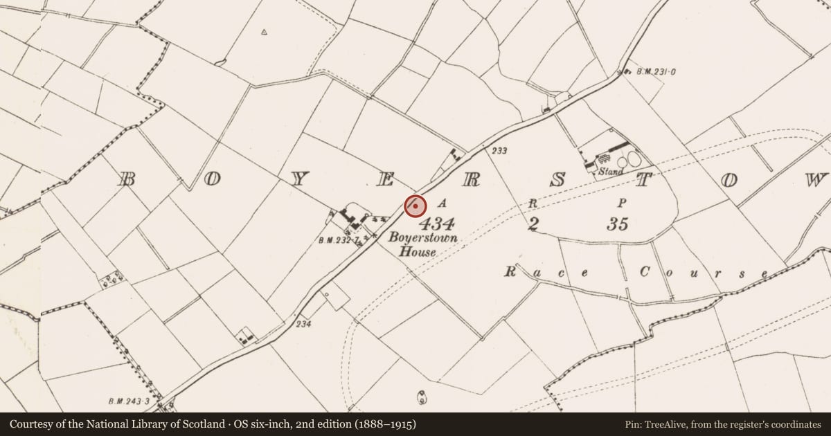 Ordnance Survey six-inch map, 2nd edition (1888–1915) covering the location of Kiln - corn-drying, Boyerstown, County Meath, with a pin at the register's coordinates