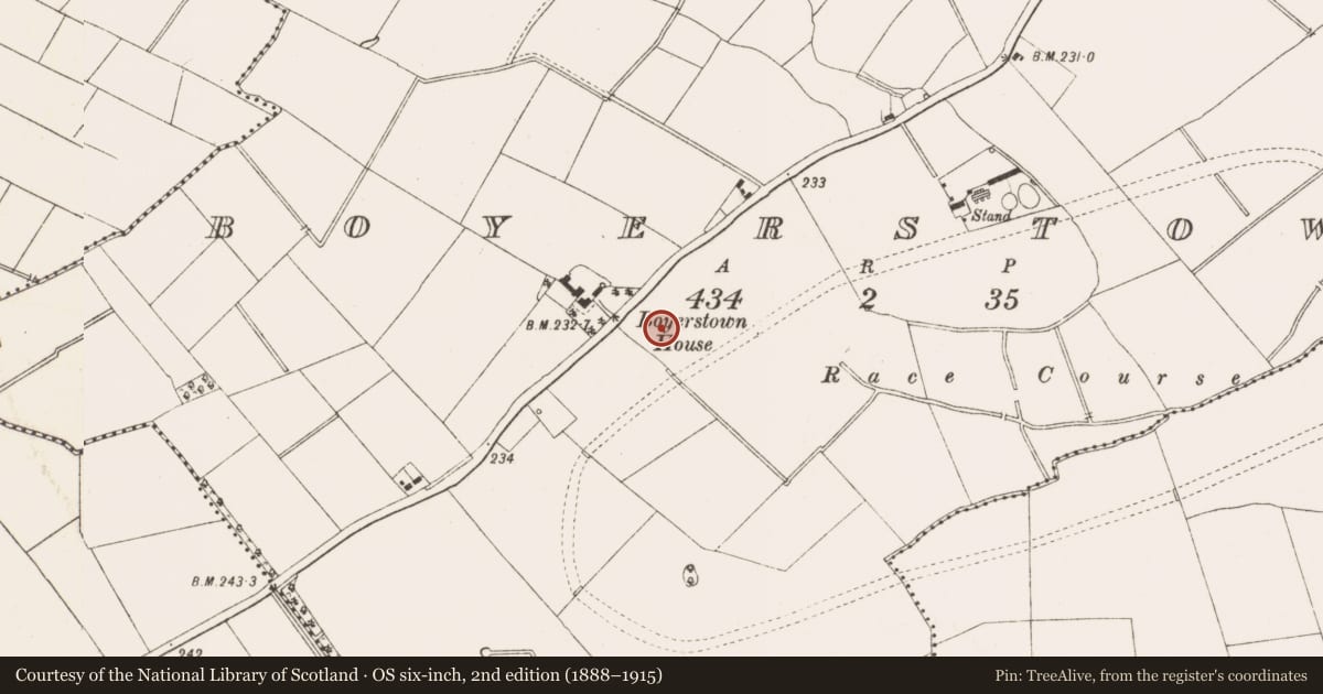 Ordnance Survey six-inch map, 2nd edition (1888–1915) covering the location of Cistern, Boyerstown, County Meath, with a pin at the register's coordinates