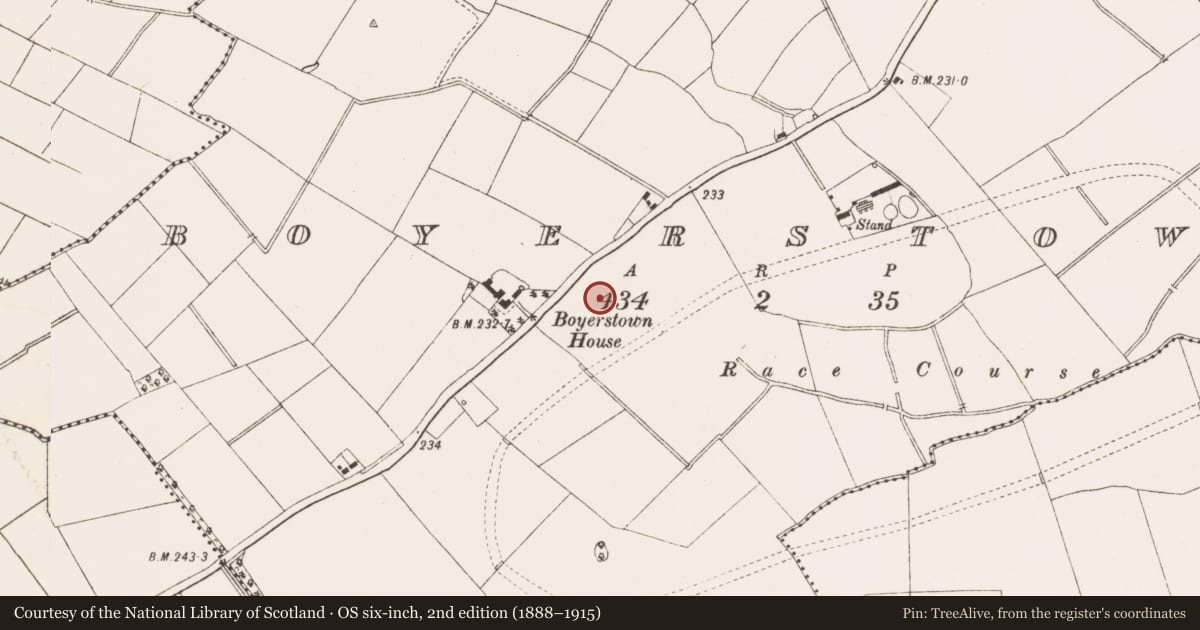 Ordnance Survey six-inch map, 2nd edition (1888–1915) covering the location of Burial, Boyerstown, County Meath, with a pin at the register's coordinates