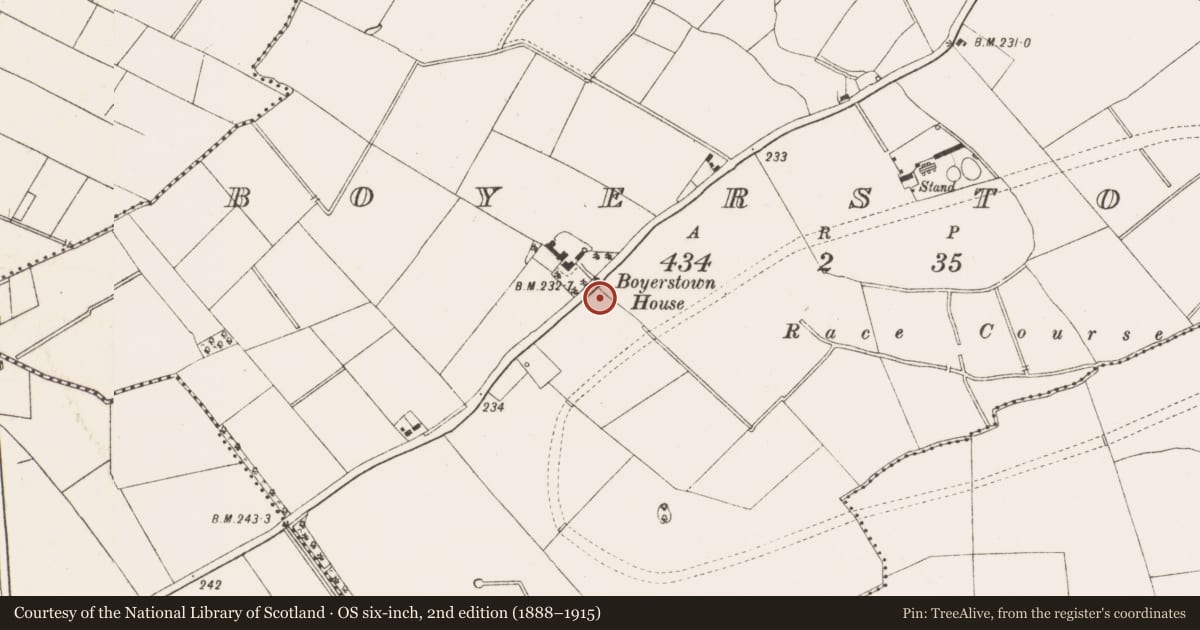 Ordnance Survey six-inch map, 2nd edition (1888–1915) covering the location of Fulacht fia, Boyerstown, County Meath, with a pin at the register's coordinates