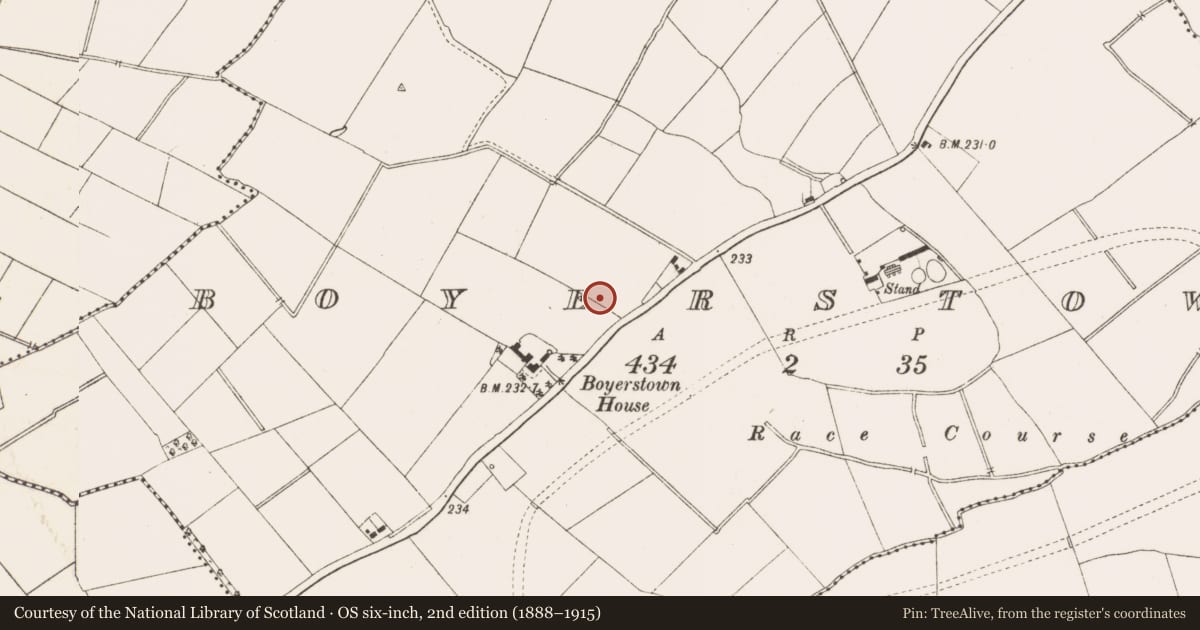 Ordnance Survey six-inch map, 2nd edition (1888–1915) covering the location of Burnt mound, Boyerstown, County Meath, with a pin at the register's coordinates