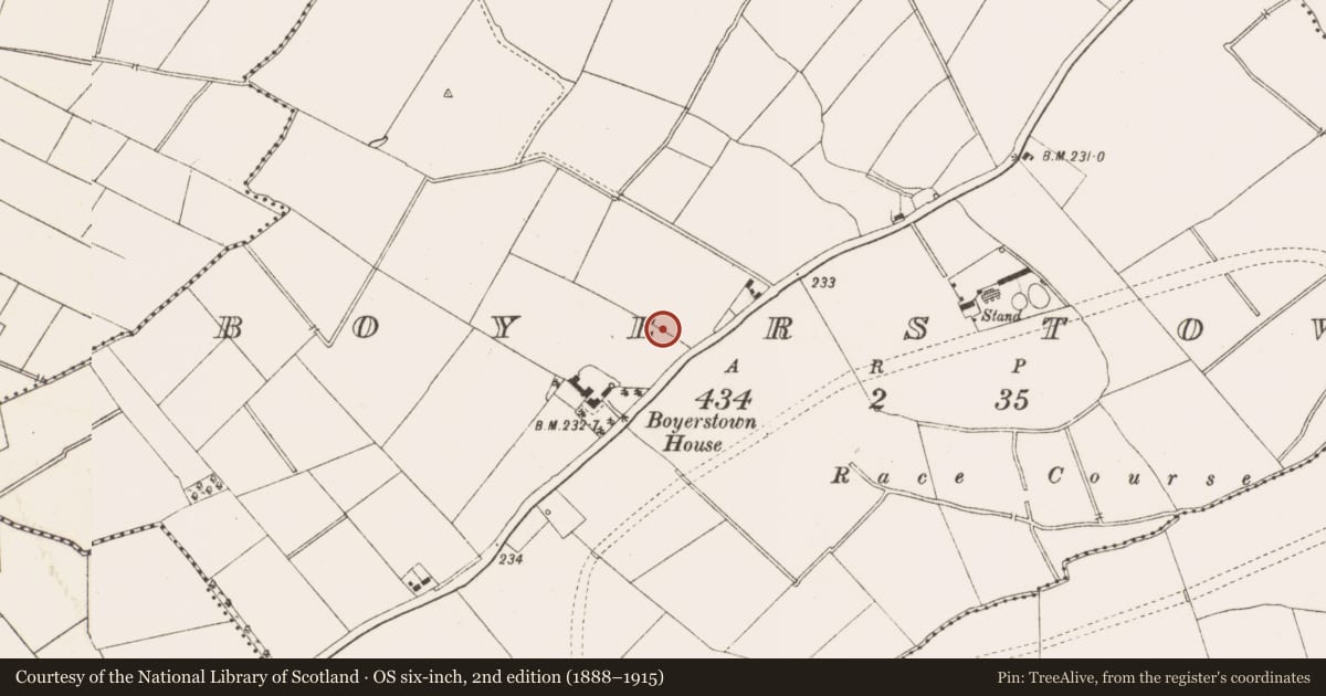 Ordnance Survey six-inch map, 2nd edition (1888–1915) covering the location of Cistern, Boyerstown, County Meath, with a pin at the register's coordinates