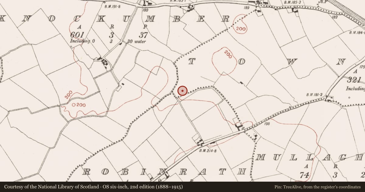 Ordnance Survey six-inch map, 2nd edition (1888–1915) covering the location of Fulacht fia, Townparks, County Meath, with a pin at the register's coordinates