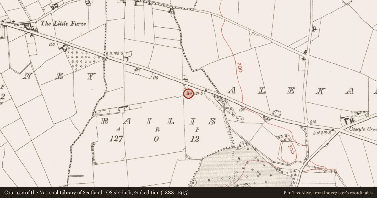 Ordnance Survey six-inch map, 2nd edition (1888–1915) covering the location of Kiln - corn-drying, Bailis, County Meath, with a pin at the register's coordinates