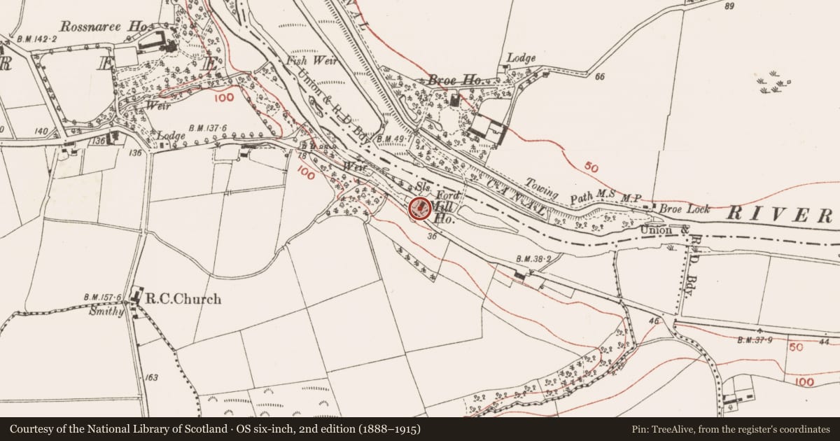 Ordnance Survey six-inch map, 2nd edition (1888–1915) covering the location of Sheela-na-gig, Rossnaree, County Meath, with a pin at the register's coordinates