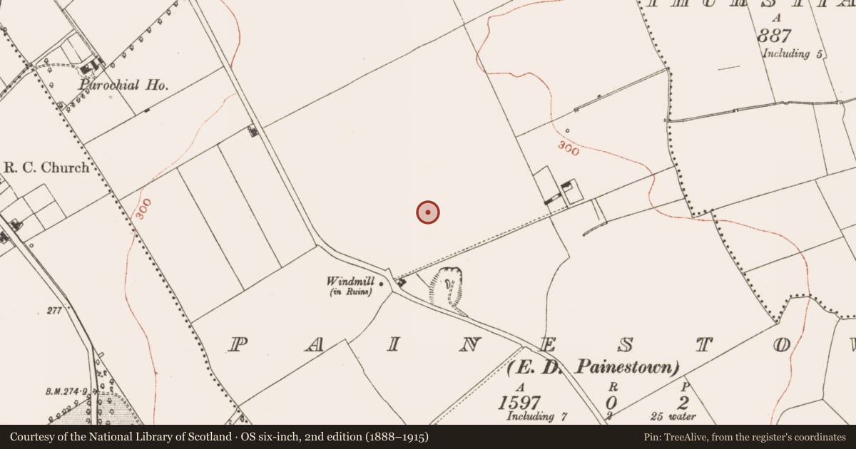 Ordnance Survey six-inch map, 2nd edition (1888–1915) covering the location of Barrow - mound barrow, Painestown (Duleek Lower By., Painestown Par.), County Meath, with a pin at the register's coordinates