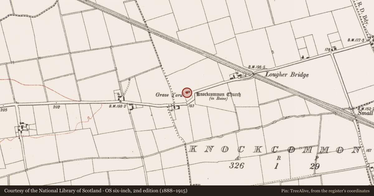 Ordnance Survey six-inch map, 2nd edition (1888–1915) covering the location of Church, Knockcommon, County Meath, with a pin at the register's coordinates