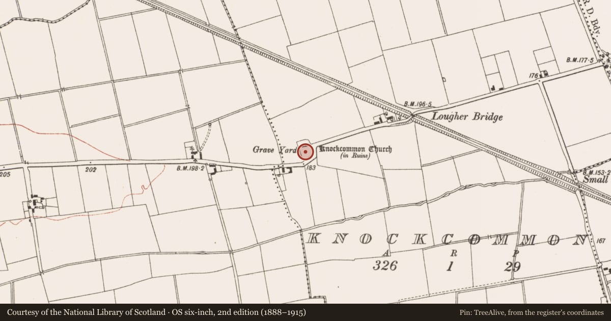 Ordnance Survey six-inch map, 2nd edition (1888–1915) covering the location of Graveyard, Knockcommon, County Meath, with a pin at the register's coordinates
