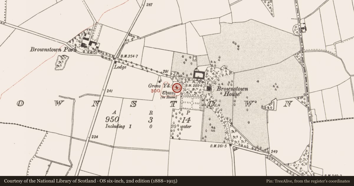 Ordnance Survey six-inch map, 2nd edition (1888–1915) covering the location of Church, Brownstown, County Meath, with a pin at the register's coordinates