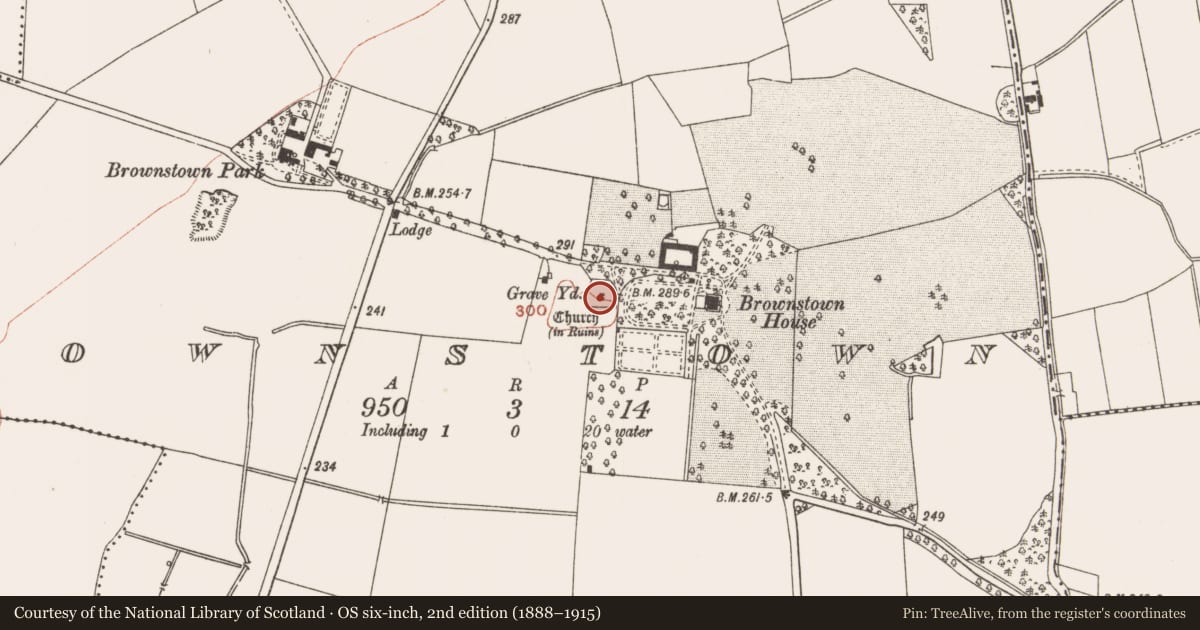 Ordnance Survey six-inch map, 2nd edition (1888–1915) covering the location of Graveyard, Brownstown, County Meath, with a pin at the register's coordinates