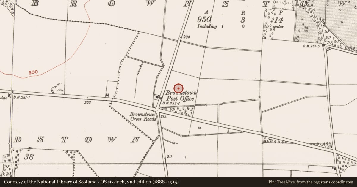 Ordnance Survey six-inch map, 2nd edition (1888–1915) covering the location of Moated site, Brownstown, County Meath, with a pin at the register's coordinates