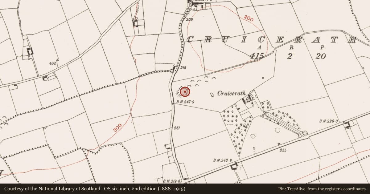 Ordnance Survey six-inch map, 2nd edition (1888–1915) covering the location of Enclosure, Cruicerath, County Meath, with a pin at the register's coordinates