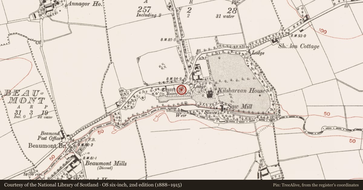 Ordnance Survey six-inch map, 2nd edition (1888–1915) covering the location of Church, Kilsharvan, County Meath, with a pin at the register's coordinates