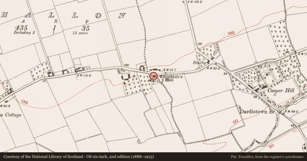 Ordnance Survey six-inch map, 2nd edition (1888–1915) covering the location of Stone sculpture, Calliaghstown, County Meath, with a pin at the register's coordinates