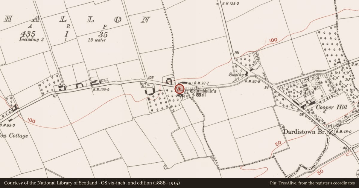 Ordnance Survey six-inch map, 2nd edition (1888–1915) covering the location of Ritual site - holy well, Calliaghstown, County Meath, with a pin at the register's coordinates