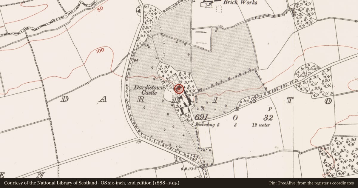 Ordnance Survey six-inch map, 2nd edition (1888–1915) covering the location of Castle - tower house, Dardistown, County Meath, with a pin at the register's coordinates