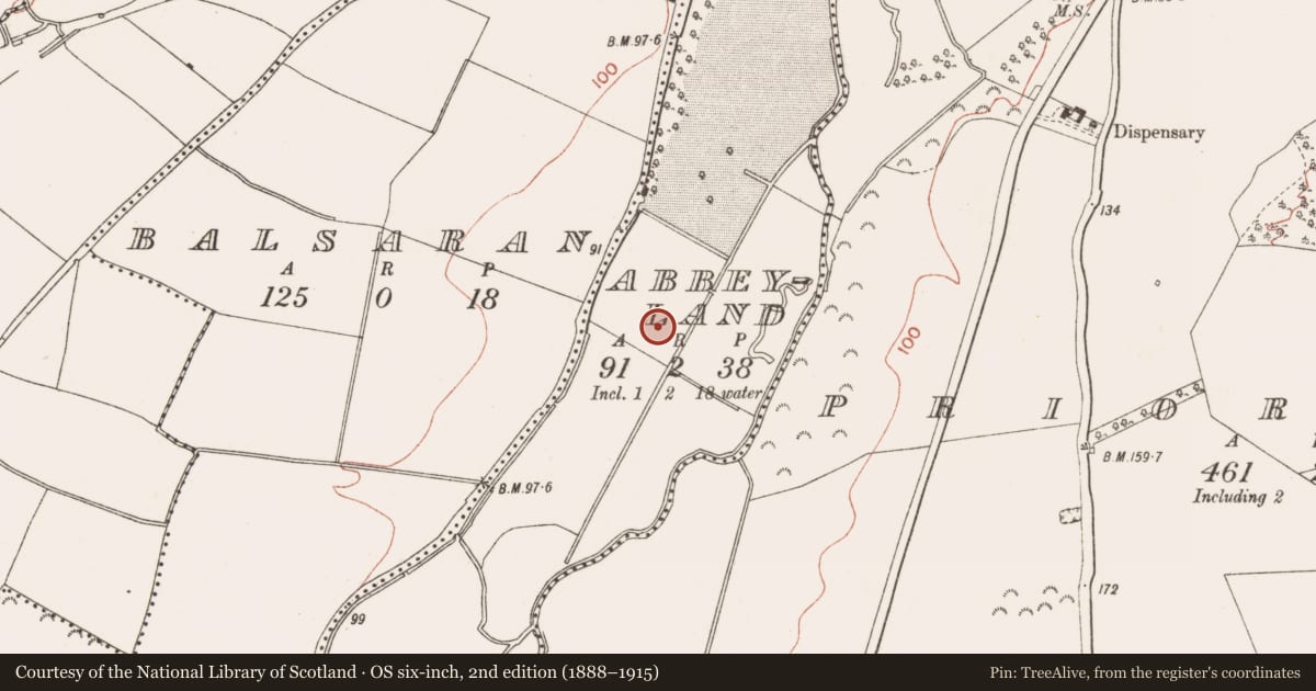Ordnance Survey six-inch map, 2nd edition (1888–1915) covering the location of Barrow - ring-barrow, Abbeyland, County Meath, with a pin at the register's coordinates