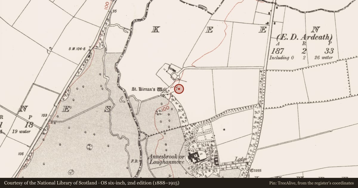 Ordnance Survey six-inch map, 2nd edition (1888–1915) covering the location of Burial mound, Keenoge (Duleek Upper By., Duleek Par.), County Meath, with a pin at the register's coordinates