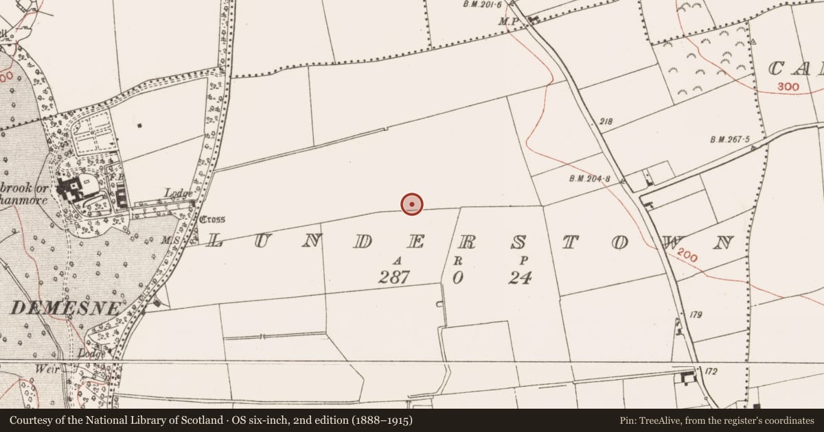 Ordnance Survey six-inch map, 2nd edition (1888–1915) covering the location of Field system, Lunderstown, County Meath, with a pin at the register's coordinates