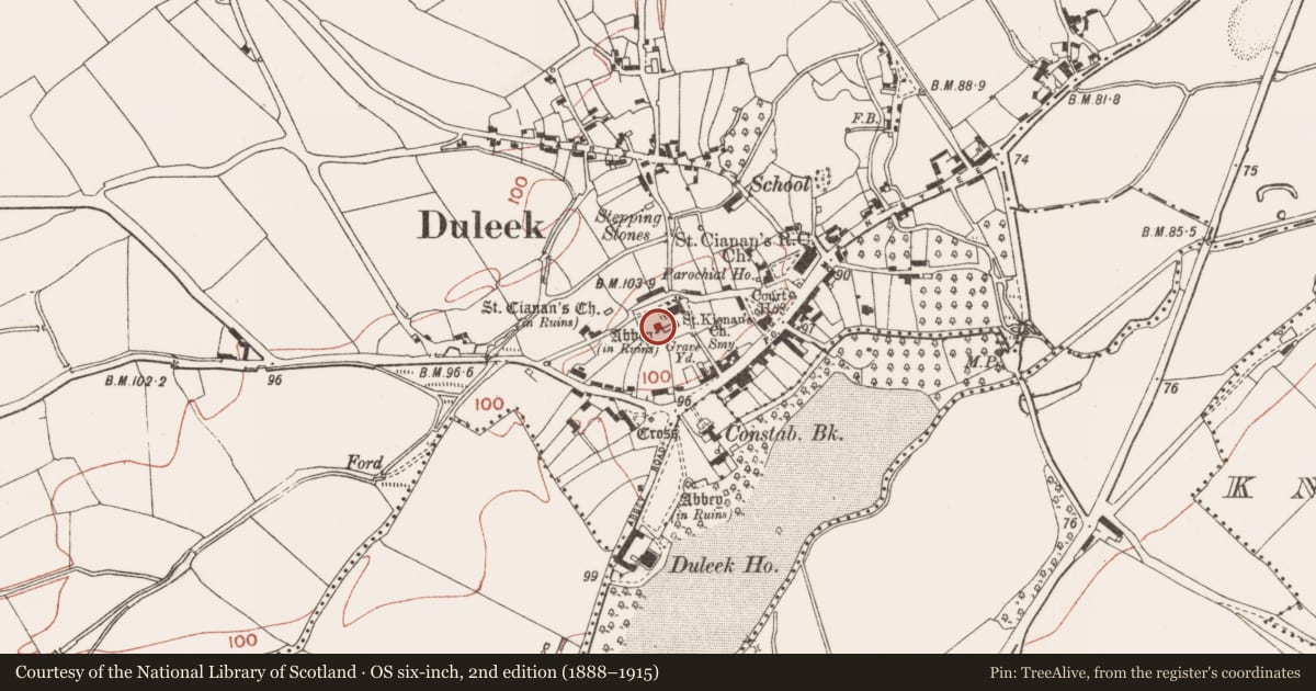 Ordnance Survey six-inch map, 2nd edition (1888–1915) covering the location of Round tower, Commons, County Meath, with a pin at the register's coordinates