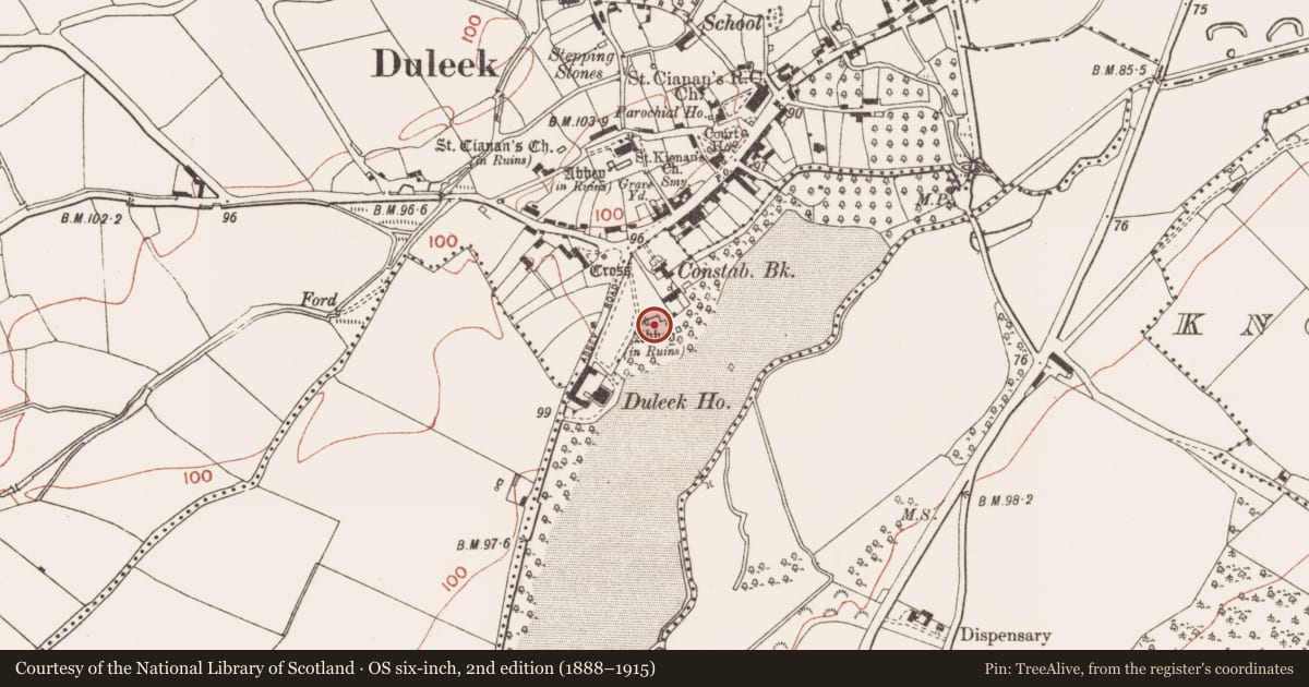 Ordnance Survey six-inch map, 2nd edition (1888–1915) covering the location of Religious house - Augustinian canons, Abbeyland, County Meath, with a pin at the register's coordinates