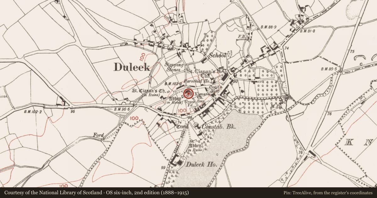 Ordnance Survey six-inch map, 2nd edition (1888–1915) covering the location of Cross-slab, Commons, County Meath, with a pin at the register's coordinates