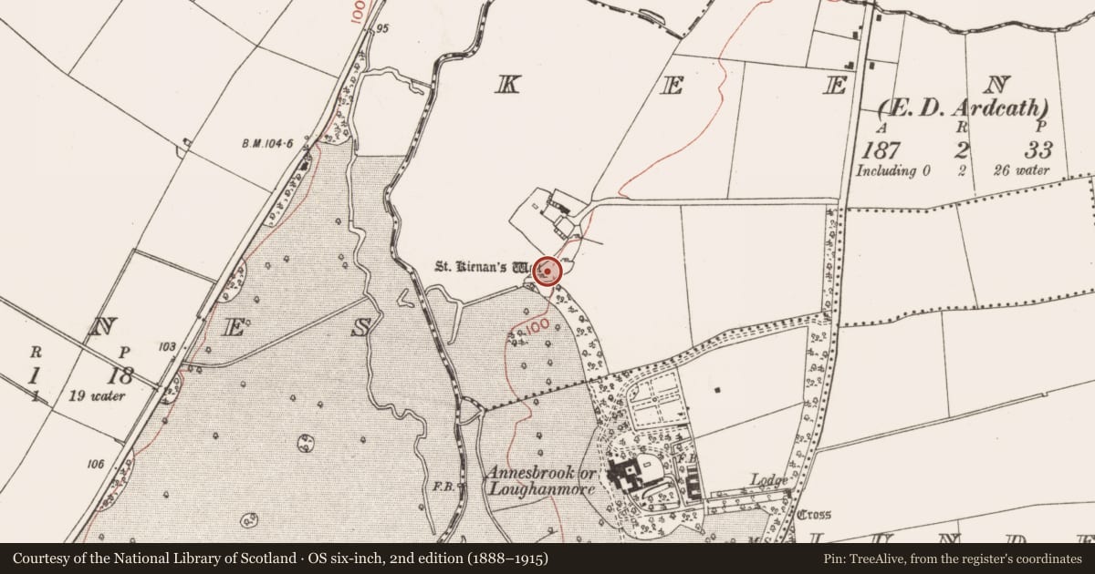 Ordnance Survey six-inch map, 2nd edition (1888–1915) covering the location of Ritual site - holy well, Keenoge (Duleek Upper By., Duleek Par.), County Meath, with a pin at the register's coordinates