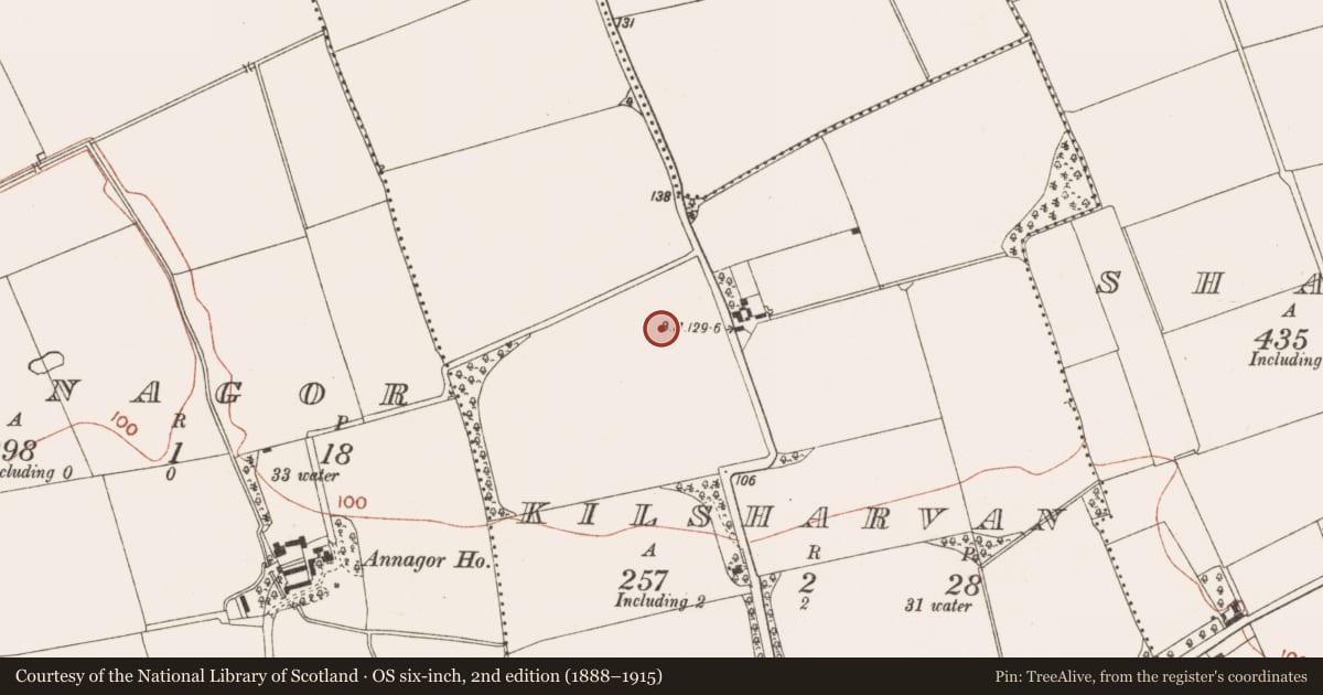 Ordnance Survey six-inch map, 2nd edition (1888–1915) covering the location of Enclosure, Kilsharvan, County Meath, with a pin at the register's coordinates