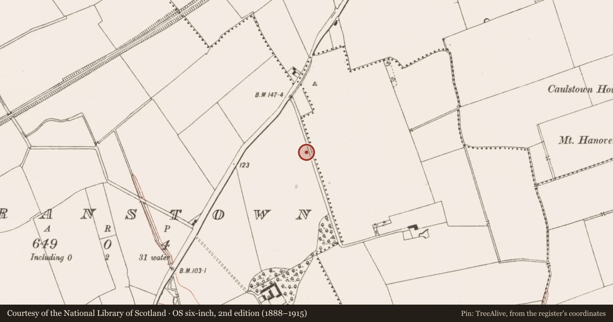 Ordnance Survey six-inch map, 2nd edition (1888–1915) covering the location of Embanked enclosure, Carranstown, Caulstown, County Meath, with a pin at the register's coordinates
