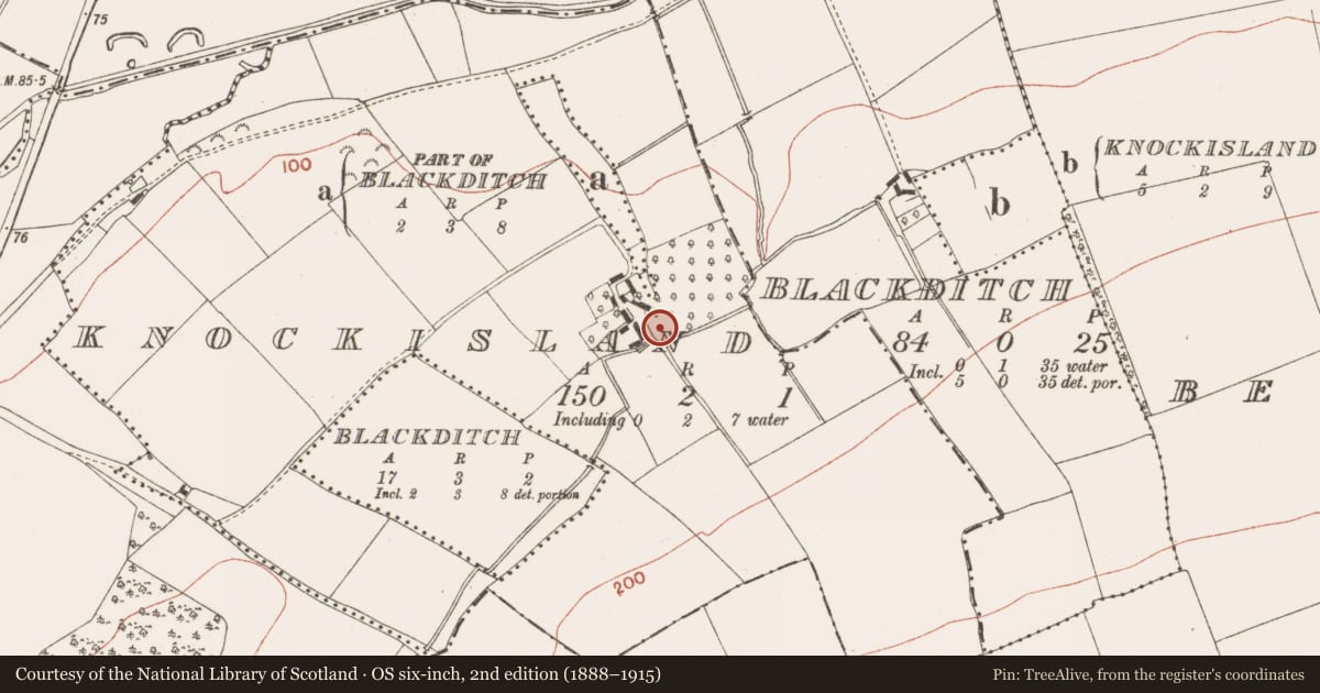 Ordnance Survey six-inch map, 2nd edition (1888–1915) covering the location of Chapel, Knockisland, County Meath, with a pin at the register's coordinates