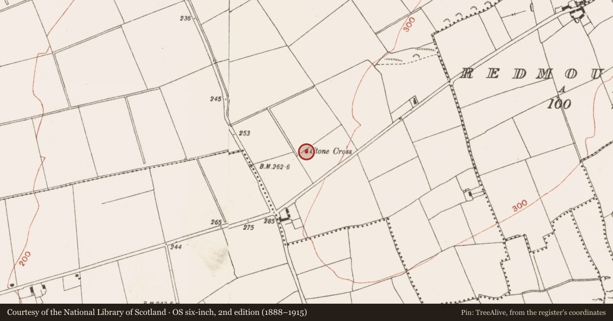 Ordnance Survey six-inch map, 2nd edition (1888–1915) covering the location of Cross, Roughgrange, County Meath, with a pin at the register's coordinates