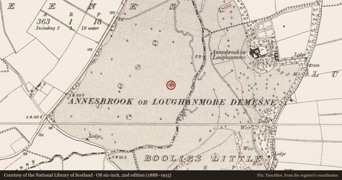 Ordnance Survey six-inch map, 2nd edition (1888–1915) covering the location of Enclosure, Deenes, County Meath, with a pin at the register's coordinates