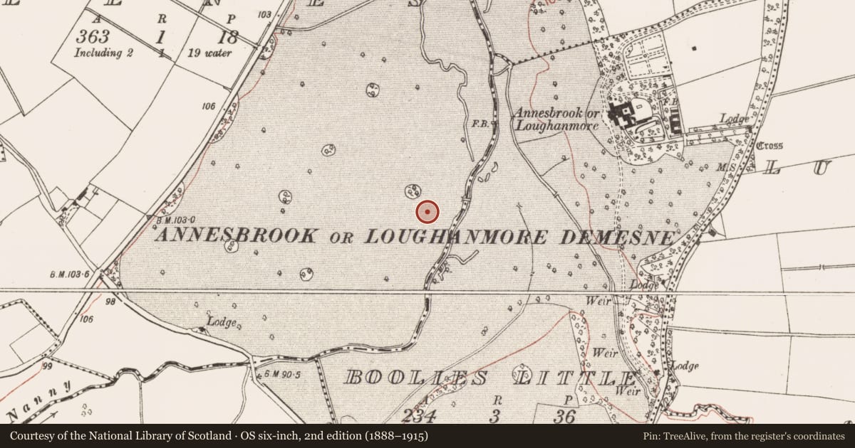 Ordnance Survey six-inch map, 2nd edition (1888–1915) covering the location of Ring-ditch, Deenes, County Meath, with a pin at the register's coordinates